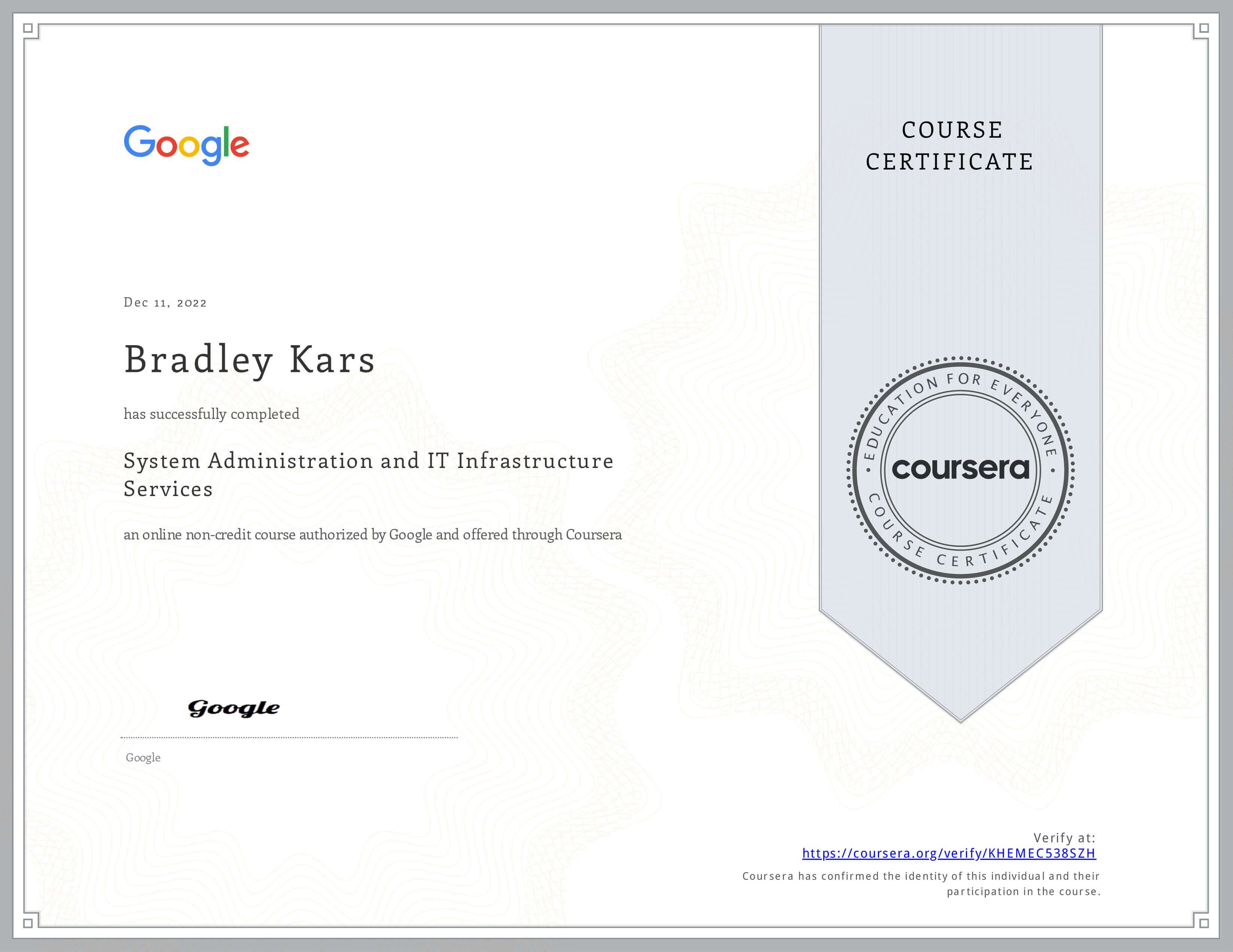 System Administration and IT Infrastructure Services certificate from Google IT Support Professional Certificate