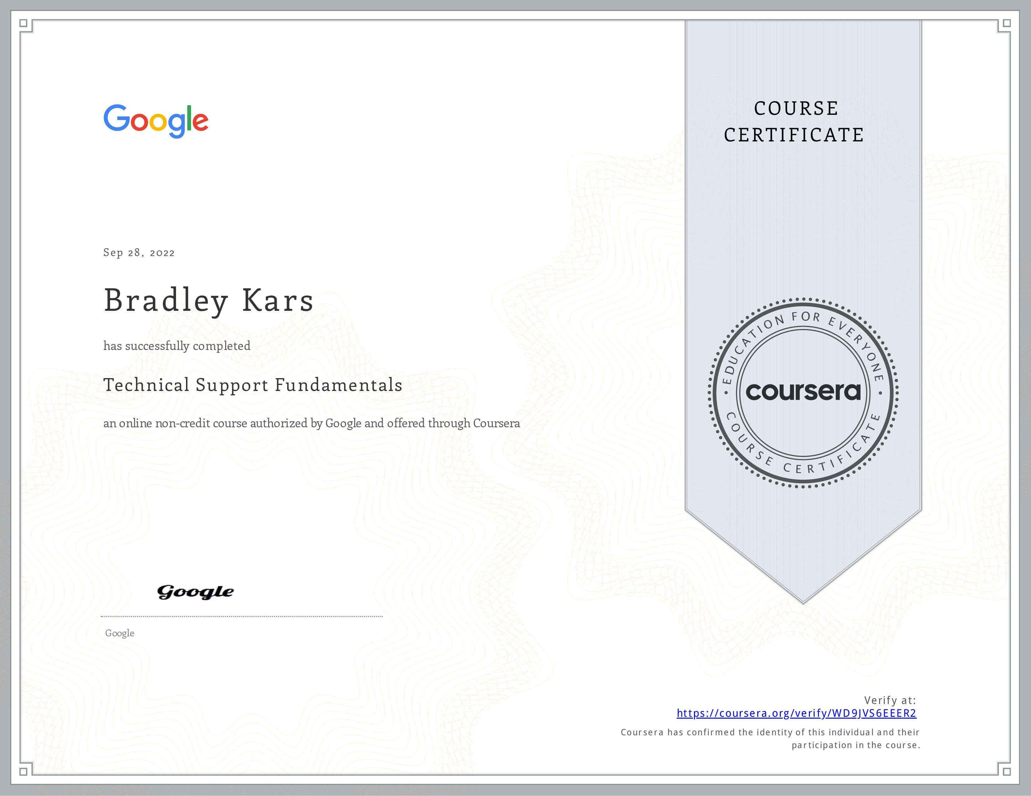 Technical Support Fundamentals certificate from Google IT Support Professional Certificate